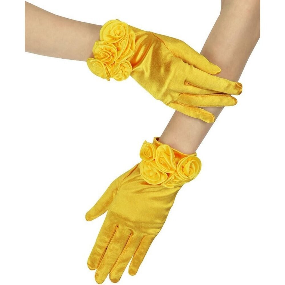 Women's Yellow Elegant Floral Satin Short Gloves Wedding Dress Party Accessories